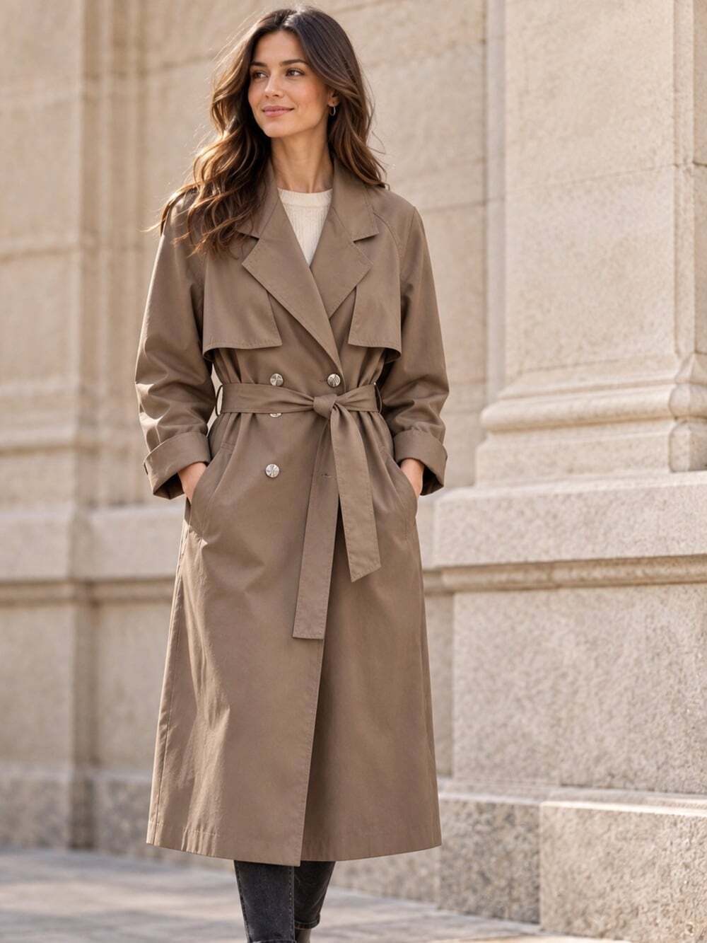 Vintage Long Trench Coat | Tan Belted Double Breasted Maxi Duster | XL